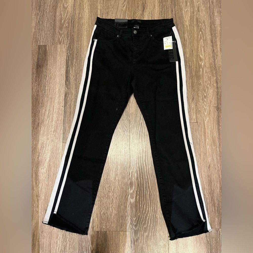 NWT Eric black jeans with white stripes on side of legs. Raw hem. Size 6.
